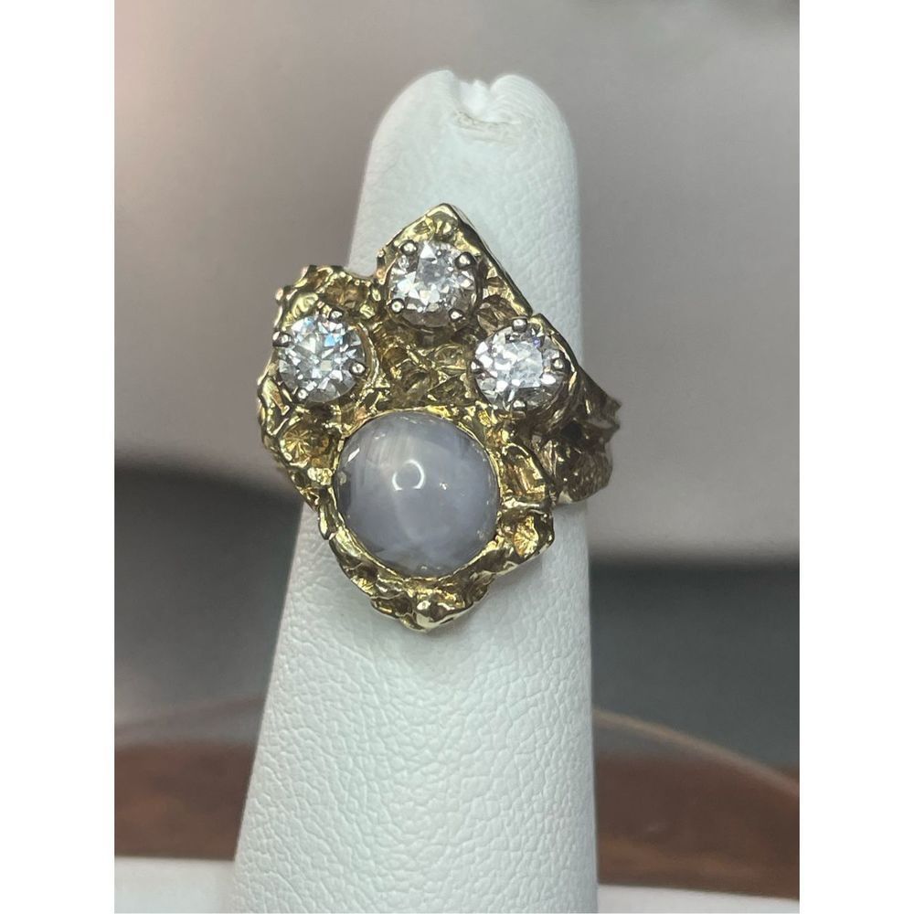 Custom 14k gold nugget star sapphire diamond ring